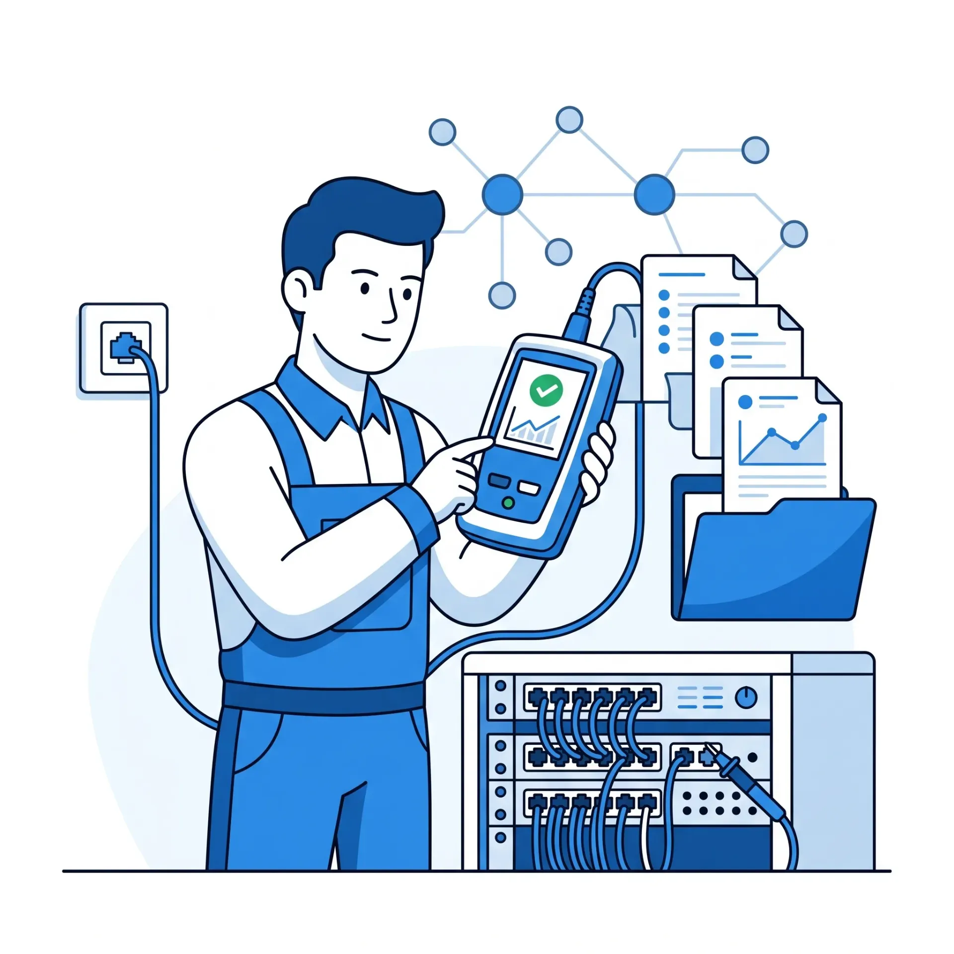 اختبار وتوثيق الشبكة بعد التركيب (Fluke Test)
