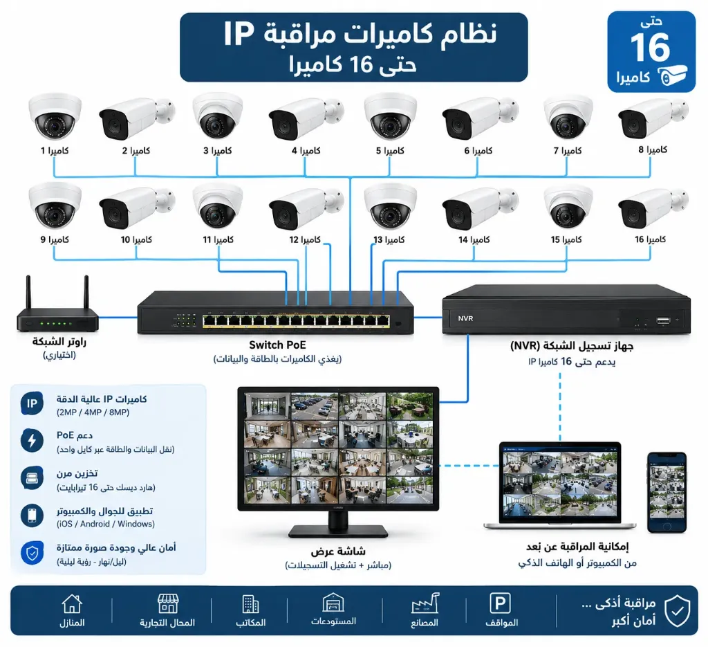 [IOT-02-002-0003] نظام كاميرات مراقبة IP - حتى 16 كاميرا