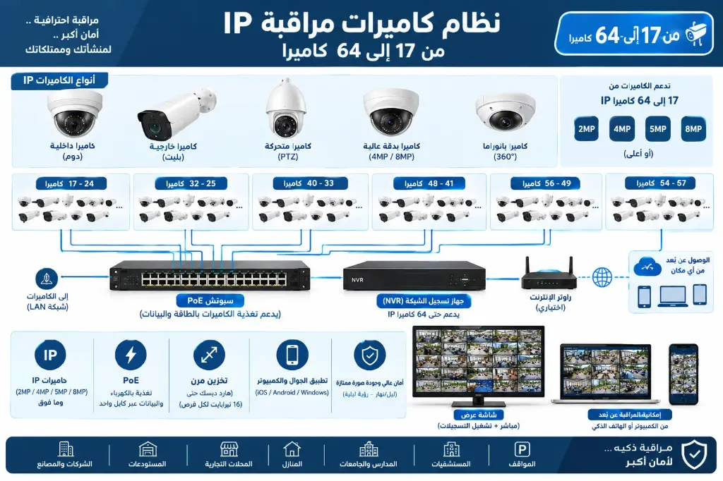 [IOT-02-002-0004] نظام كاميرات مراقبة IP - 17-64 كاميرا